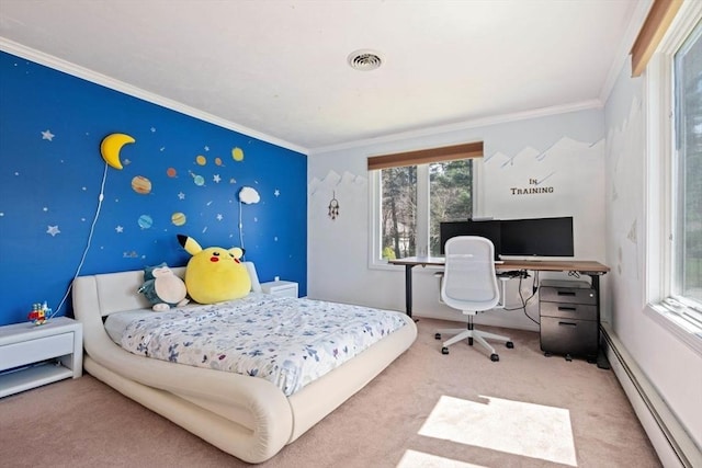 bedroom featuring a baseboard heating unit, crown molding, and carpet flooring