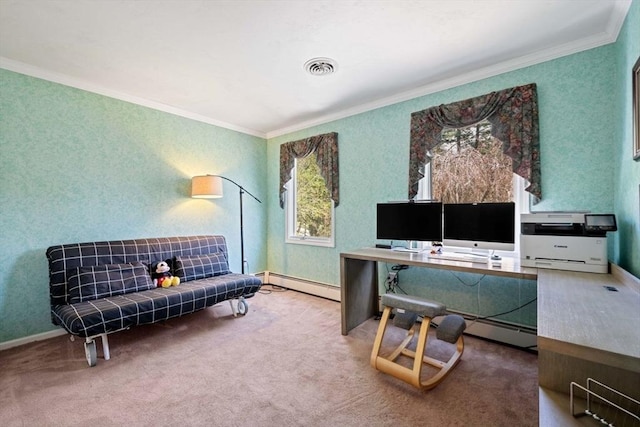 office featuring crown molding, a baseboard radiator, plenty of natural light, and carpet