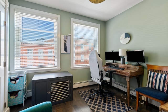 home office featuring a healthy amount of sunlight, a baseboard heating unit, and dark wood-type flooring