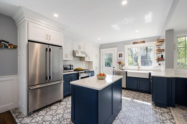 kitchen featuring premium appliances, blue cabinets, under cabinet range hood, a sink, and light countertops