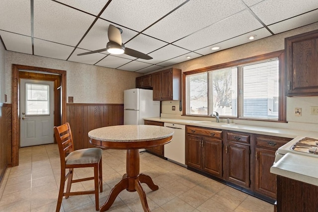 kitchen featuring light countertops, wainscoting, white appliances, a paneled ceiling, and a sink