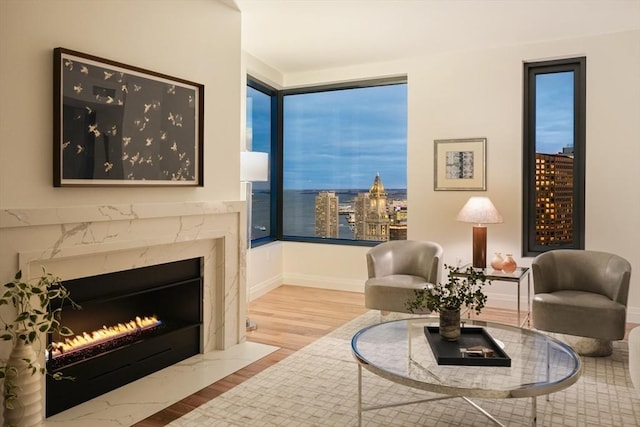 living room with a view of city, a premium fireplace, wood finished floors, and baseboards