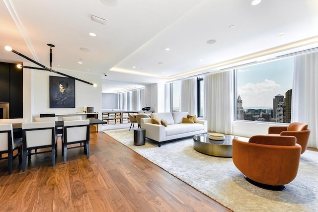 living area featuring recessed lighting, a raised ceiling, and wood finished floors