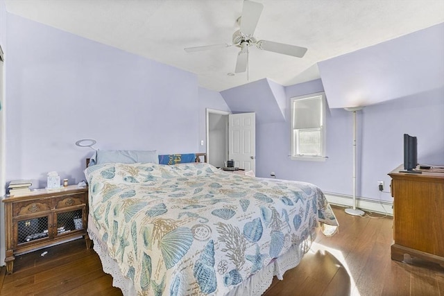 bedroom featuring dark hardwood / wood-style floors, ceiling fan, and baseboard heating