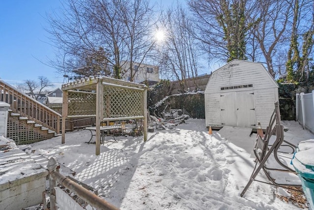 exterior space with a shed