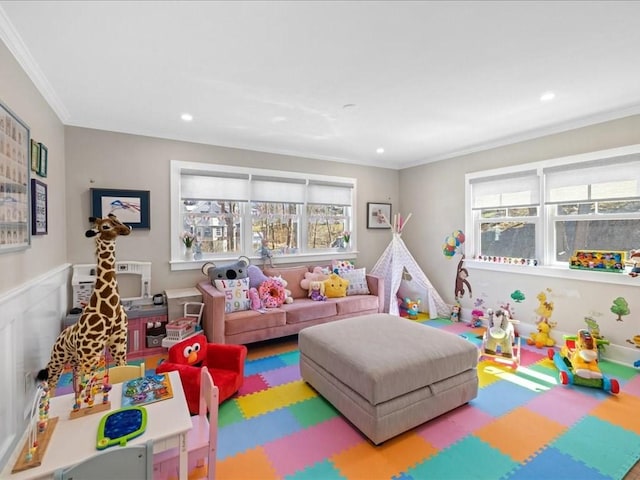572 Jerusalem Rd, Cohasset, MA 02025 - playroom with ornamental molding and recessed lighting