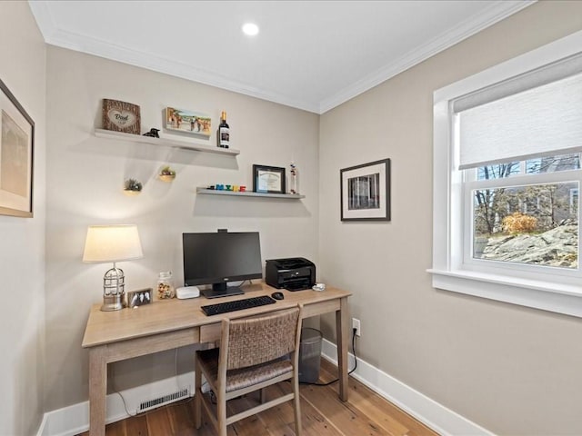 572 Jerusalem Rd, Cohasset, MA 02025 - home office featuring baseboards, crown molding, wood finished floors, and recessed lighting