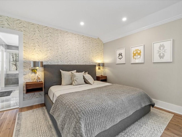 572 Jerusalem Rd, Cohasset, MA 02025 - bedroom featuring wallpapered walls, baseboards, crown molding, wood finished floors, and recessed lighting