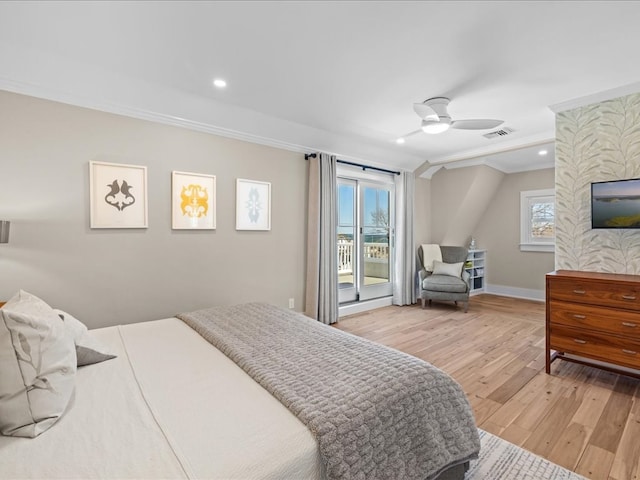 bedroom with access to outside, light hardwood / wood-style floors, ceiling fan, and crown molding