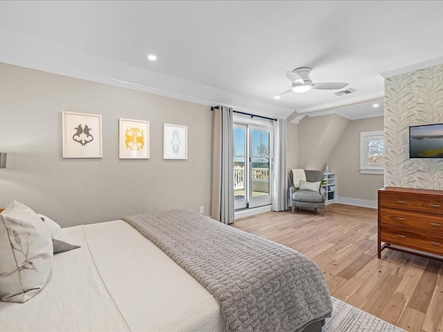 572 Jerusalem Rd, Cohasset, MA 02025 - bedroom featuring crown molding, light wood-style flooring, baseboards, recessed lighting, and a ceiling fan