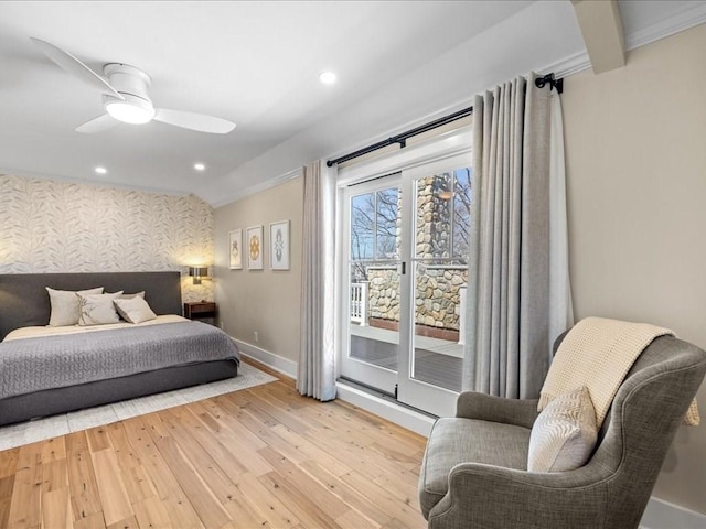 572 Jerusalem Rd, Cohasset, MA 02025 - bedroom featuring access to outside, hardwood / wood-style flooring, baseboards, recessed lighting, and wallpapered walls
