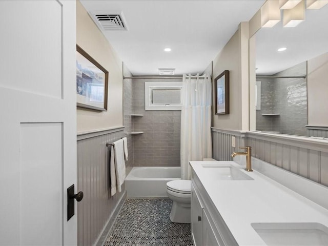 572 Jerusalem Rd, Cohasset, MA 02025 - full bathroom with toilet, tile patterned flooring, shower / bath combo, double vanity, and wainscoting