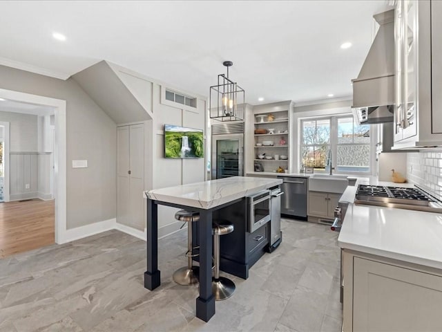 572 Jerusalem Rd, Cohasset, MA 02025 - kitchen with appliances with stainless steel finishes, a sink, open shelves, a kitchen island, and wine cooler
