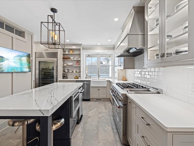 572 Jerusalem Rd, Cohasset, MA 02025 - kitchen featuring appliances with stainless steel finishes, custom range hood, open shelves, beverage cooler, and backsplash