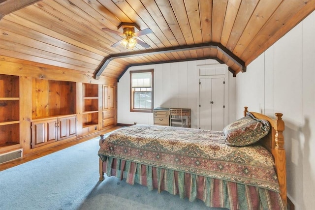 bedroom with carpet floors, wooden ceiling, visible vents, and vaulted ceiling