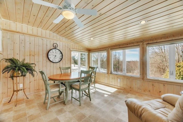 dining space featuring wood ceiling, vaulted ceiling, wood walls, and ceiling fan