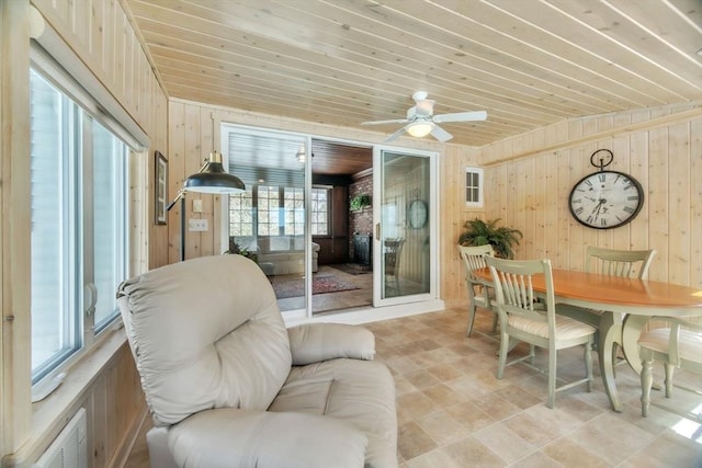 dining area with wood walls, wood ceiling, and a ceiling fan