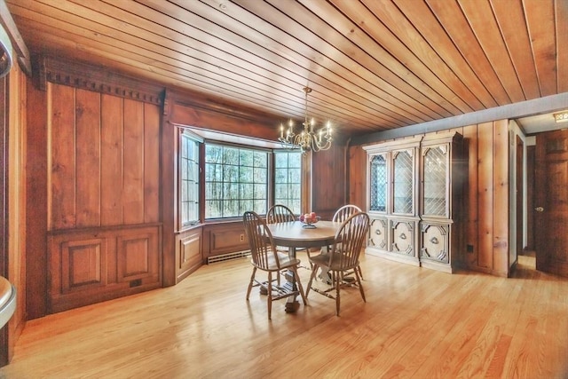 dining area with light wood finished floors, wooden ceiling, an inviting chandelier, baseboard heating, and wood walls