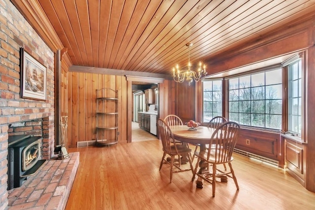 dining area featuring wood walls, wood ceiling, light wood-style floors, a wood stove, and an inviting chandelier