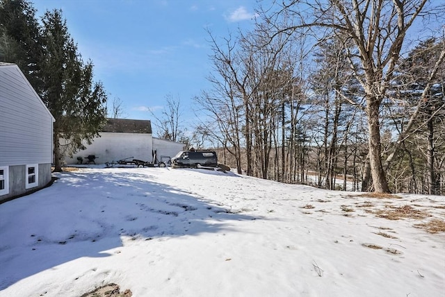 yard covered in snow with a garage