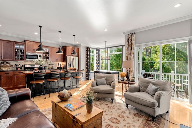 living room with ornamental molding, sink, and light wood-type flooring