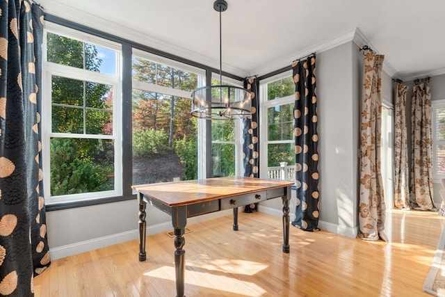 interior space featuring light hardwood / wood-style floors, crown molding, a healthy amount of sunlight, and a notable chandelier