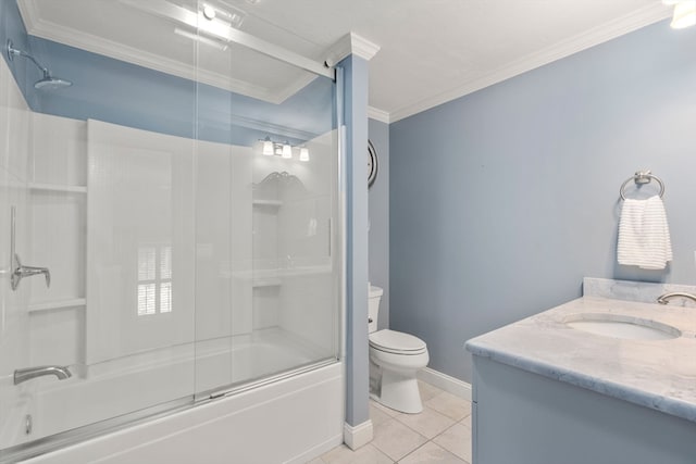 full bathroom featuring toilet, tile patterned flooring, crown molding, vanity, and shower / bath combination with glass door