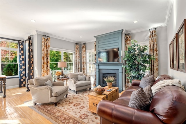 living room with crown molding, a large fireplace, and light wood-type flooring