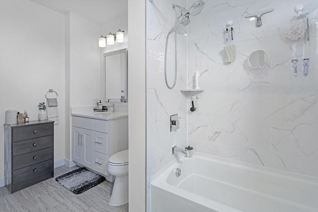 full bathroom with toilet, vanity, shower / bath combination, and baseboards