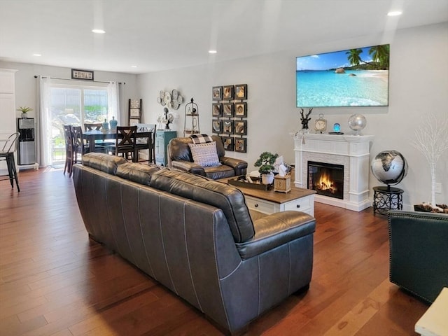 391 Gibbs St, Fall River, MA 02720 - living room with dark wood-style floors, a glass covered fireplace, and recessed lighting