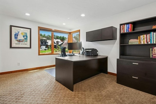 office area with carpet, recessed lighting, and baseboards