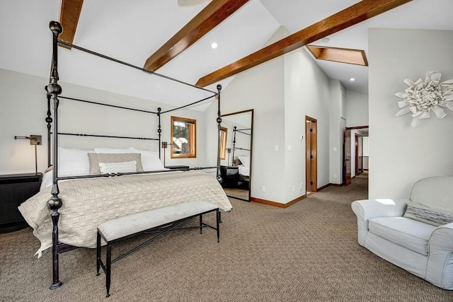carpeted bedroom with baseboards, recessed lighting, and lofted ceiling with beams