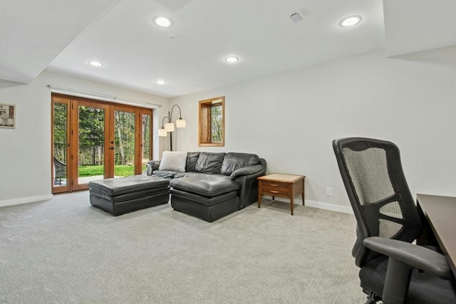 living area featuring baseboards, recessed lighting, carpet floors, and french doors