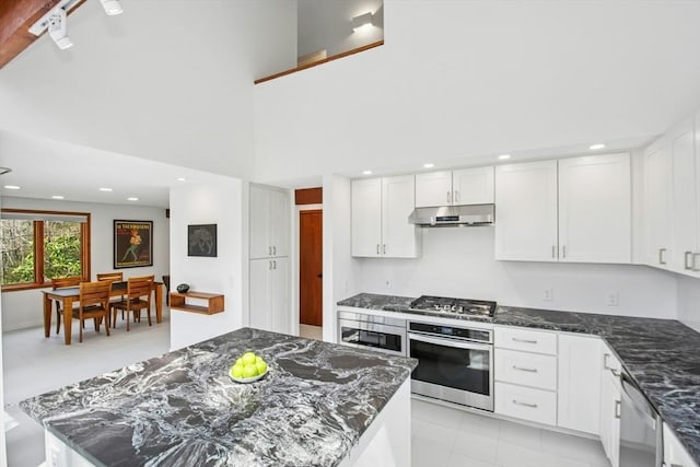 kitchen with dark stone counters, white cabinets, appliances with stainless steel finishes, and under cabinet range hood