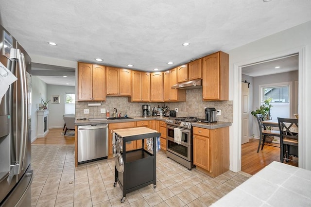 kitchen with stainless steel appliances, under cabinet range hood, a sink, tasteful backsplash, and recessed lighting