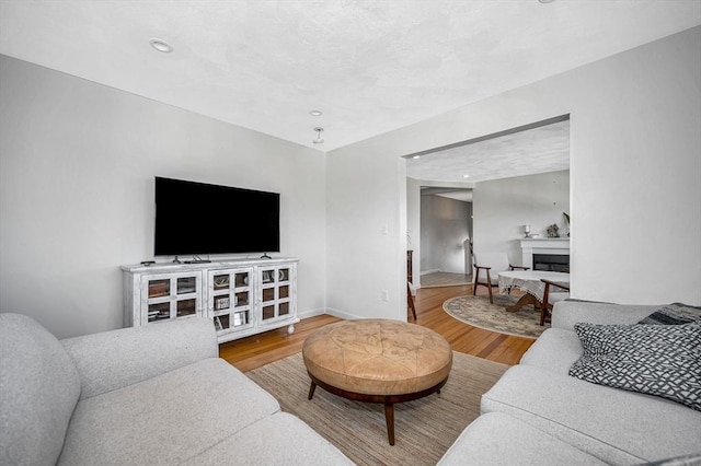 living area with wood finished floors, baseboards, recessed lighting, and a fireplace