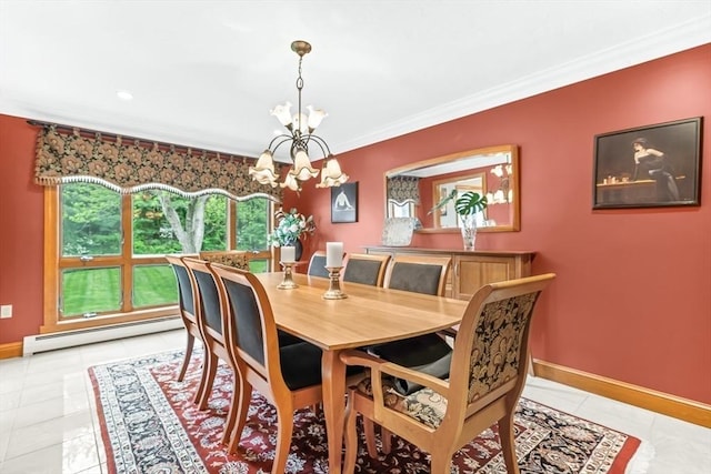 18 Sumac St, Billerica, MA 01821 - dining space featuring a baseboard heating unit, a chandelier, crown molding, baseboards, and light tile patterned flooring