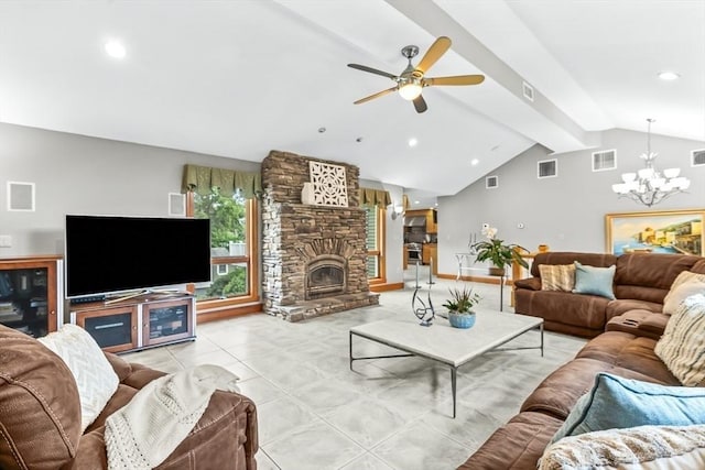 18 Sumac St, Billerica, MA 01821 - living room featuring a chandelier, a ceiling fan, recessed lighting, and a fireplace