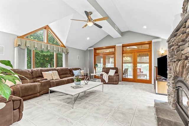 18 Sumac St, Billerica, MA 01821 - living room with a ceiling fan, a stone fireplace, french doors, light tile patterned floors, and recessed lighting
