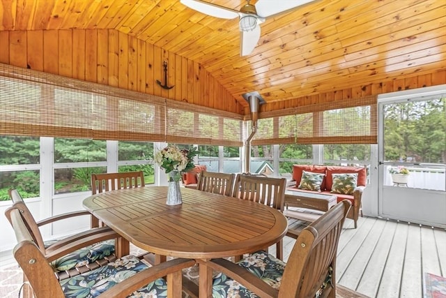 18 Sumac St, Billerica, MA 01821 - sunroom / solarium featuring vaulted ceiling, wooden walls, ceiling fan, a deck, and outdoor dining space