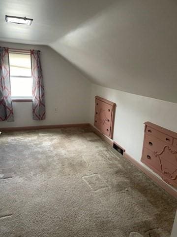 additional living space featuring baseboards, visible vents, carpet floors, and lofted ceiling