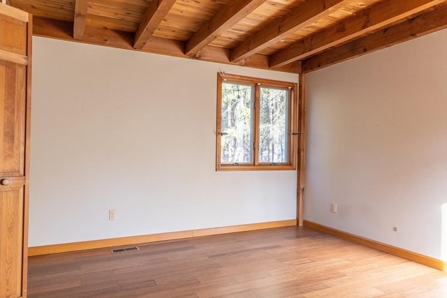 unfurnished room with baseboards, visible vents, beam ceiling, wood ceiling, and light wood-type flooring