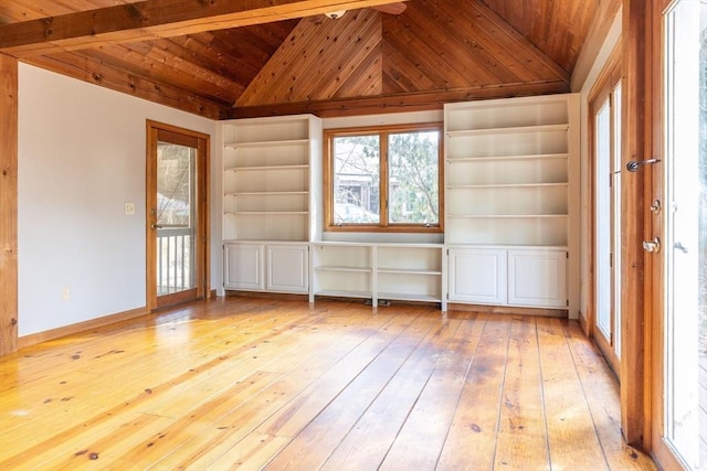 unfurnished room featuring built in features, light wood-type flooring, lofted ceiling, and wood ceiling