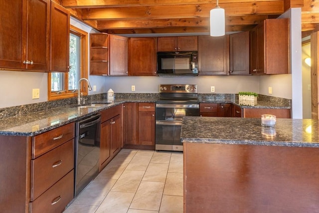 kitchen with black appliances, dark stone counters, open shelves, and a sink