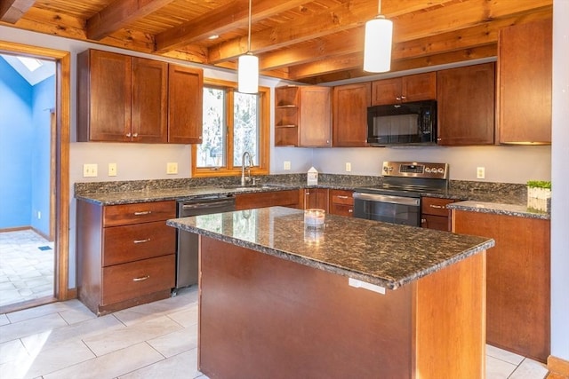 kitchen featuring beam ceiling, open shelves, a sink, wood ceiling, and appliances with stainless steel finishes