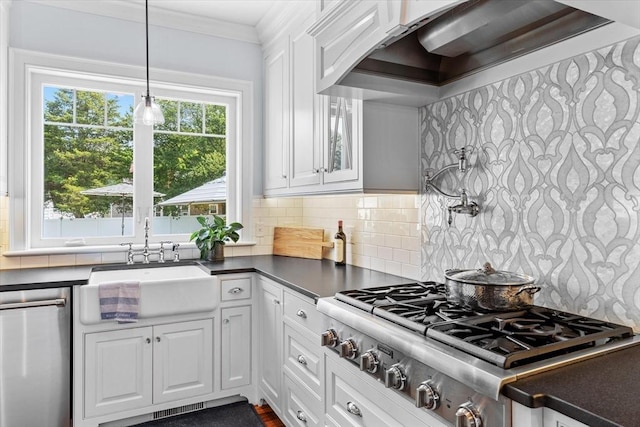 kitchen with white cabinetry, appliances with stainless steel finishes, sink, and wall chimney exhaust hood