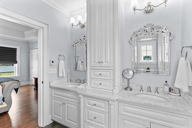 bathroom with ornamental molding, wood-type flooring, and vanity