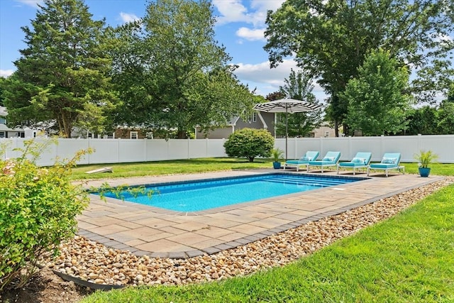 view of pool with a yard and a patio area