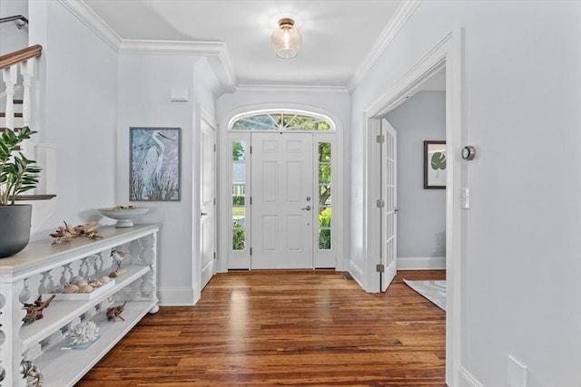 foyer with crown molding and wood-type flooring