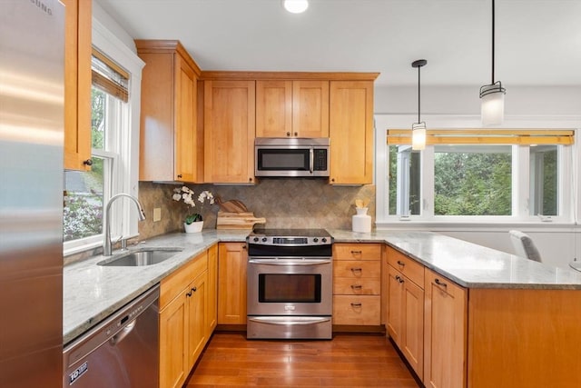 kitchen featuring stainless steel appliances, a sink, healthy amount of natural light, and dark wood-type flooring